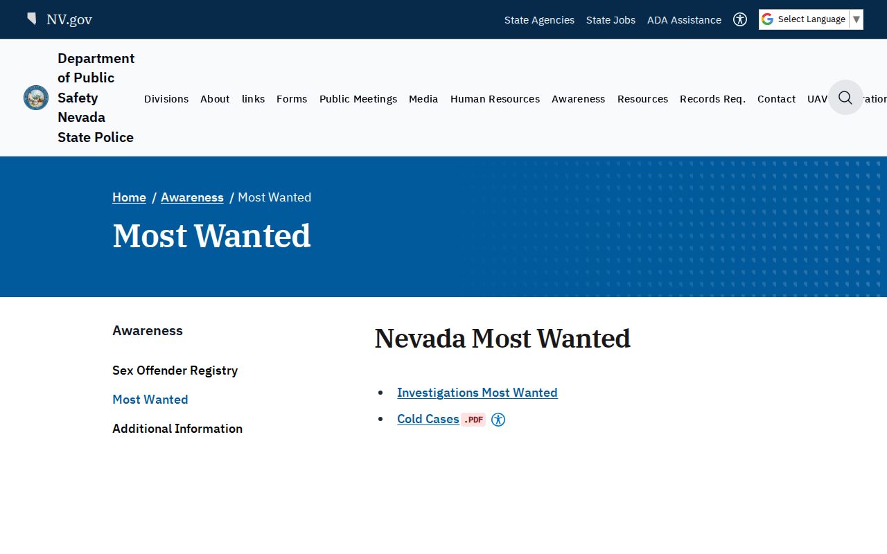 White Pine County most wanted information and Nevada State Police program